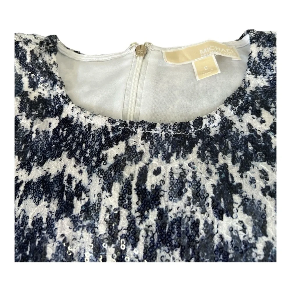 Michael Kors Dress Womens  Blue Embellished Sequin Ruched Sleeve
